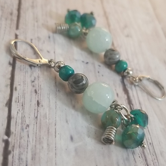 Cracked aqua, grey, green, silver beaded earrings - Picture 3 of 8